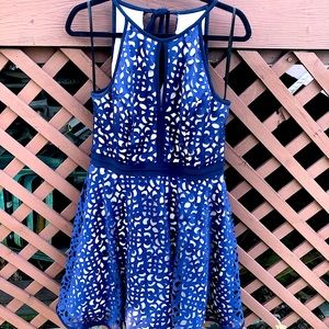 Navy Blue Lace Halter Top Formal Dress